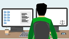 Zeichnung eines Menschen vor einem Computer, auf einem der beiden Bildschirme sieht man eine Aktenstruktur