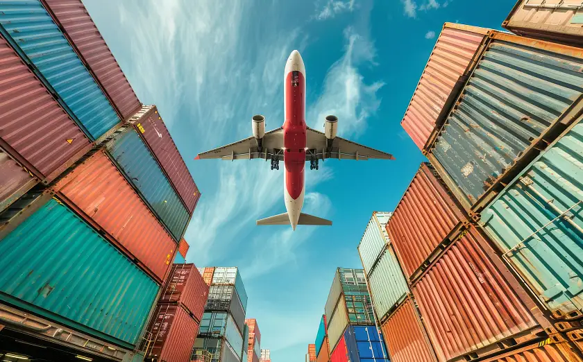 Flugzeug, das über Container fliegt