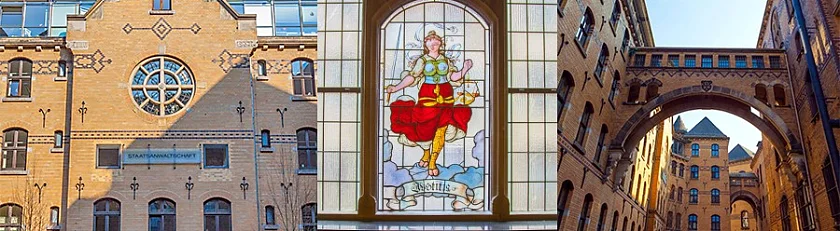 Collage aus drei Fotos: Zwei Gerichtsgebäude im Sonnenschein, von einem sieht man einen Innenhof und als drittes Bild ein Buntglasfenster mit der Justitia