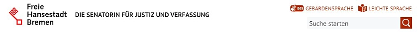weißer Bereich mit dem Logo der Justizsenatorin, einem Suchfenster, Link zu Leichte Sprache, Link zu Gebärdensprache und Suchfunktion