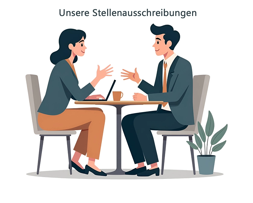 Zeichnung einer Frau und eines Mannes, die an einem Tisch sitzen und sprechen. Vor ihnen steht ein Laptop, beide wirken freundlich.