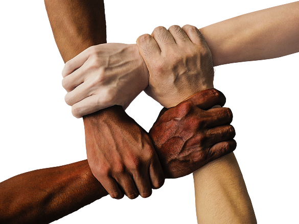 Symbolisches Bild von Händen verschiedener Hautfarbe, die sich gegenseitig halten