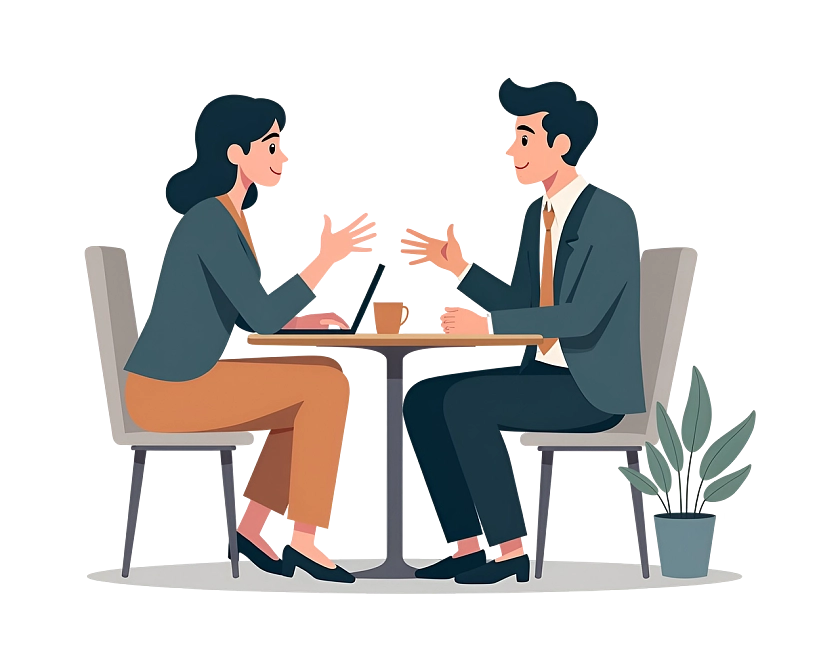 Zeichnung einer Frau und eines Mannes, die an einem Tisch sitzen und sprechen. Vor ihnen steht ein Laptop, beide wirken freundlich.