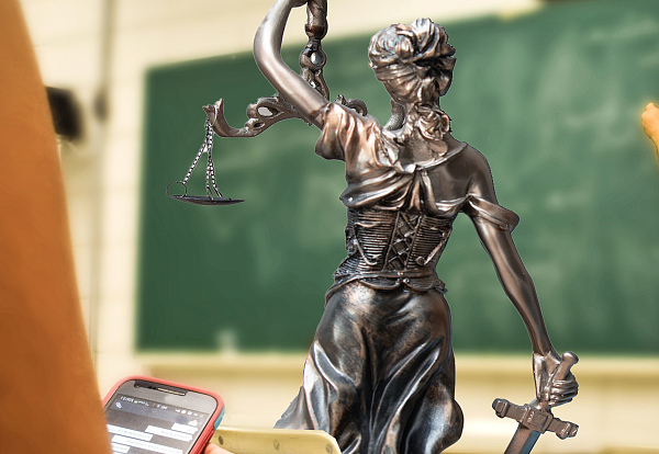 Justitia-Figur vor einer Schultafel