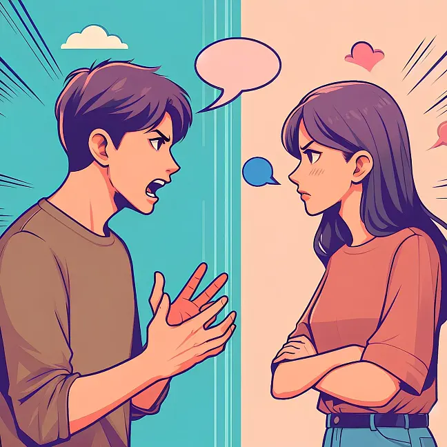 Zeichnung: Ein Mann und eine Frau streiten sich, beide sehen sich wütend an. Der Mann gestikuliert, die Frau hat die Arme vor der Brust verschränkt